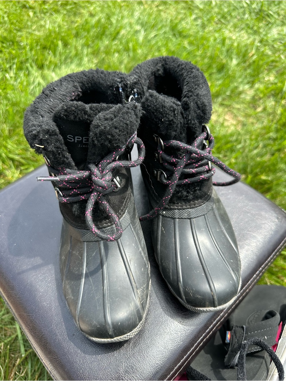Sperry Black Kids Waterproof Duck Boots with Faux Fur Collar